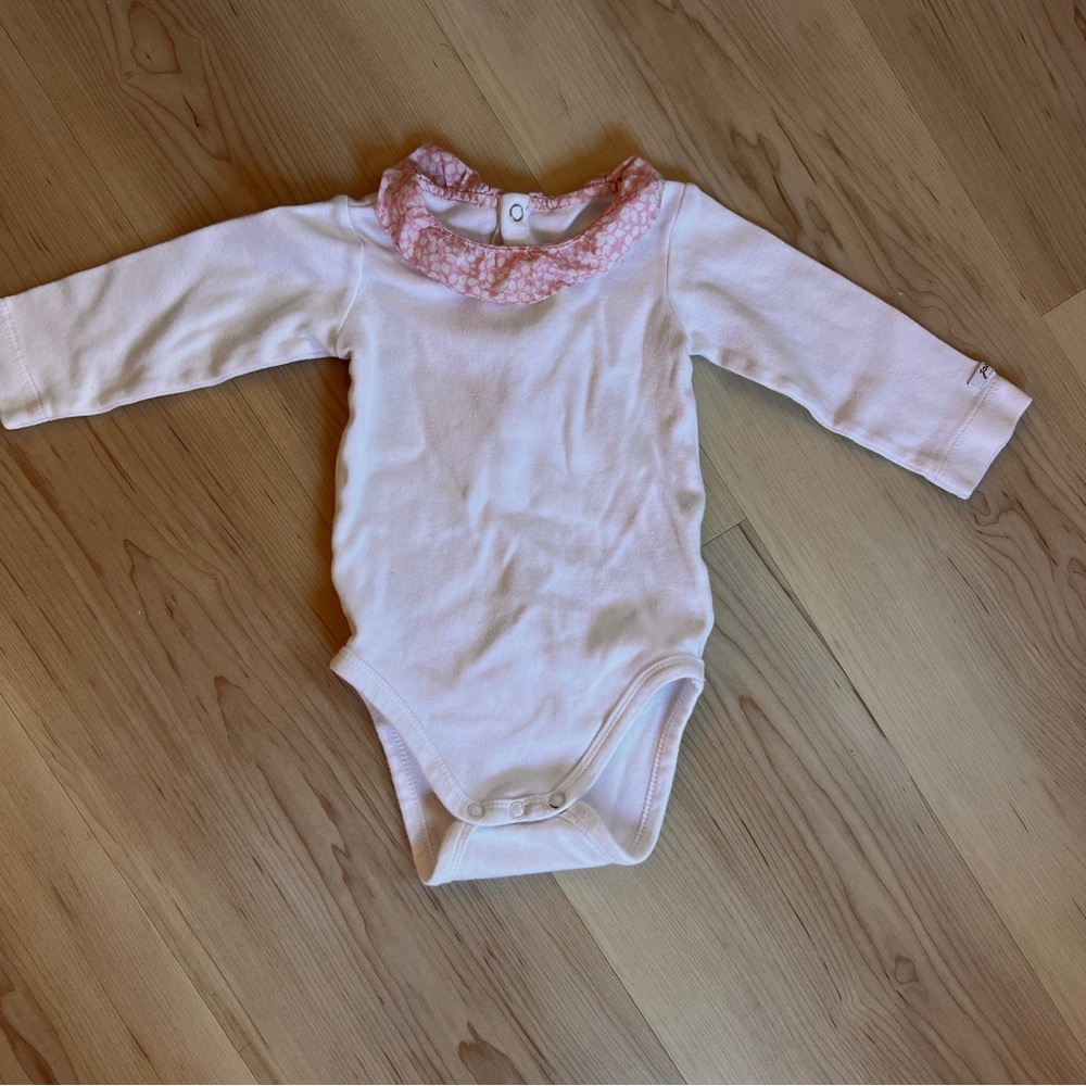 Jacadi Baby Long Sleeve Pink and White Ruffled Collar Bodysuit 6 months